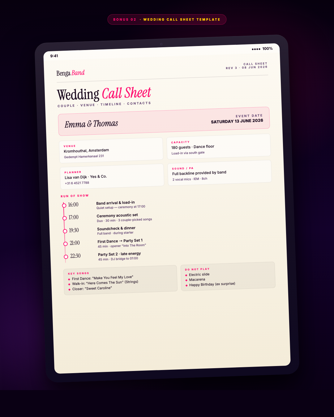 Wedding Call Sheet template